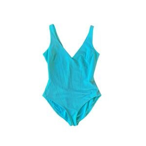 SPANX Pique Plunge One Piece Swimsuit Aqua Blue Textured Shaping Swim L 50384R